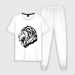 Пижама хлопковая мужская Лев в наушниках, цвет: белый