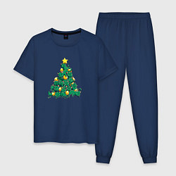 Пижама хлопковая мужская Christmas Tree Made Of Green Cats, цвет: тёмно-синий