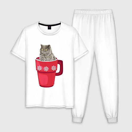 Мужская пижама Удивленный кот в кружке / Белый – фото 1