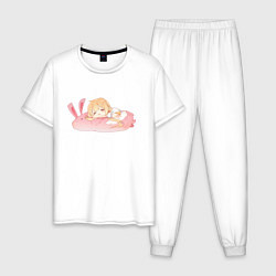Пижама хлопковая мужская Аниме тян на подушке, цвет: белый