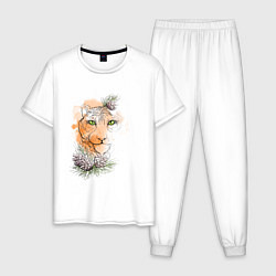Пижама хлопковая мужская Акварельный тигр в сосновых веточках, цвет: белый