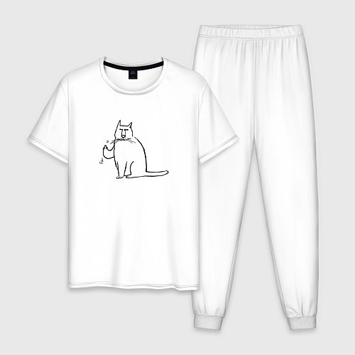 Мужская пижама Кот с пальцем в верх / Белый – фото 1