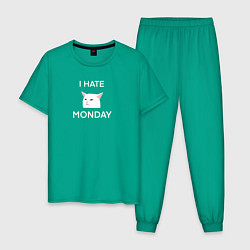 Пижама хлопковая мужская I hate monday текст с котом, цвет: зеленый