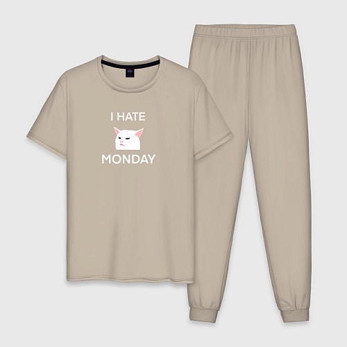 Мужская пижама I hate monday текст с котом / Миндальный – фото 1