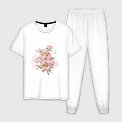 Пижама хлопковая мужская Нежные розовые цветы, цвет: белый