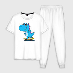 Пижама хлопковая мужская Динозавр скейтбордист, цвет: белый