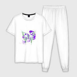 Пижама хлопковая мужская Неоновая зелено-фиолетовая бабочка, цвет: белый