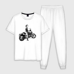 Пижама хлопковая мужская Японская девушка на мотоцикле, цвет: белый