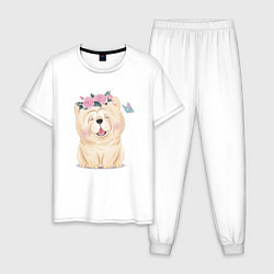 Пижама хлопковая мужская Миленькая собачка чау-чау, цвет: белый
