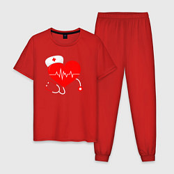 Пижама хлопковая мужская Сердце и фонендоскоп, цвет: красный