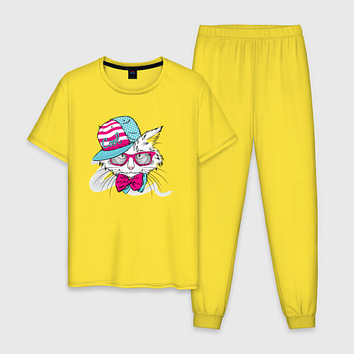 Мужская пижама Кот в кепке и с бабочкой / Желтый – фото 1