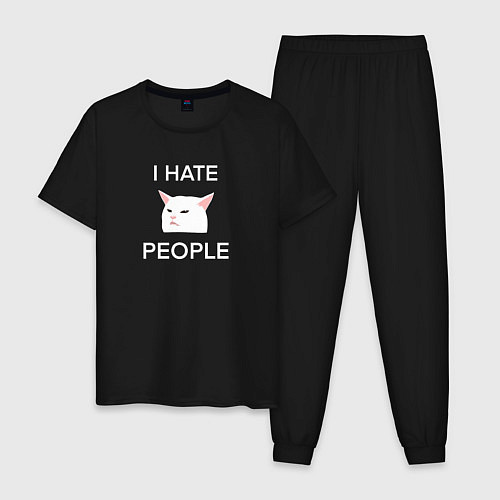 Мужская пижама I hate people, текст с белым мемным котом / Черный – фото 1