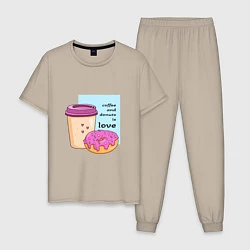 Пижама хлопковая мужская Кофе и пончики - это любовь, цвет: миндальный