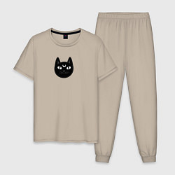 Пижама хлопковая мужская Мистический чёрный кот с полумесяцем, цвет: миндальный