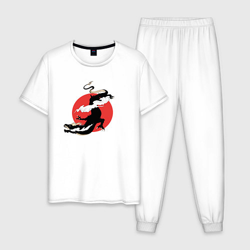 Мужская пижама Чёрный дракон на фоне красного солнца / Белый – фото 1