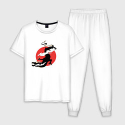 Пижама хлопковая мужская Чёрный дракон на фоне красного солнца, цвет: белый