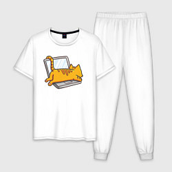 Пижама хлопковая мужская Котик лежит на ноутбуке, цвет: белый