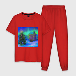 Пижама хлопковая мужская Новогодний живописный пейзаж, цвет: красный