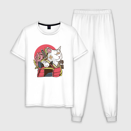 Мужская пижама Котик Самурай Samurai Cat Japanese art / Белый – фото 1