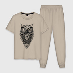 Пижама хлопковая мужская Сова в стиле Мандала Mandala Owl, цвет: миндальный