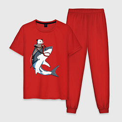 Пижама хлопковая мужская Опоссум верхом на акуле, цвет: красный