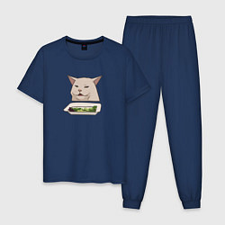 Пижама хлопковая мужская Кот с салатом из мема, цвет: тёмно-синий
