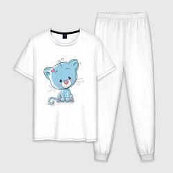 Пижама хлопковая мужская Синий плюшевый котик, цвет: белый
