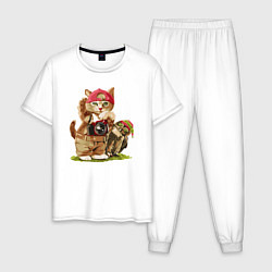 Пижама хлопковая мужская Котёнок фотограф с прикольным совёнком, цвет: белый