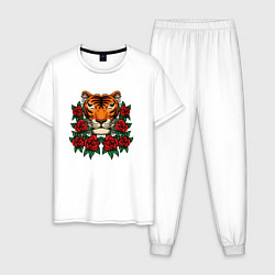 Пижама хлопковая мужская Тигр в розах, цвет: белый