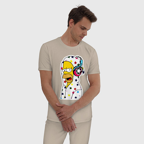 Мужская пижама Гомер Симпсон в звёздном балахоне и в наушниках / Миндальный – фото 3