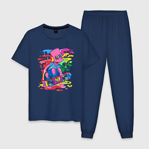 Мужская пижама Барт Симпсон - крутой скейтер - разноцветные клякс / Тёмно-синий – фото 1