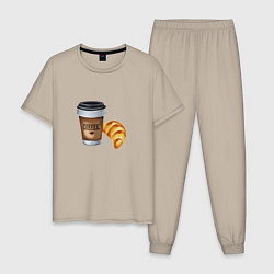 Пижама хлопковая мужская Кофе с круассаном, цвет: миндальный
