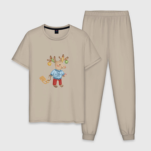 Мужская пижама Рождественский олень с санями / Миндальный – фото 1