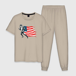 Пижама хлопковая мужская Американский футбол с флагом США, цвет: миндальный