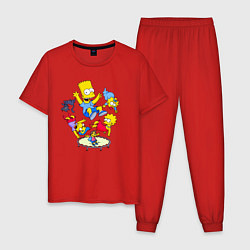Пижама хлопковая мужская Персонажи из мультфильма Симпсоны прыгают на батут, цвет: красный
