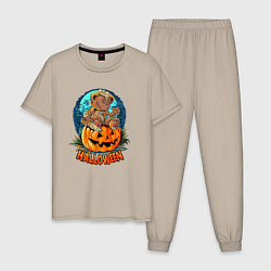Пижама хлопковая мужская Halloween - Мишка на тыкве, цвет: миндальный