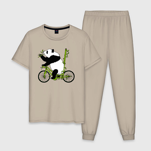 Мужская пижама Панда на велосипеде с бамбуком / Миндальный – фото 1