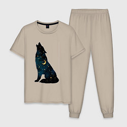 Пижама хлопковая мужская Wolf howling at night, цвет: миндальный