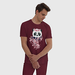Пижама хлопковая мужская Панда в сакуре, цвет: меланж-бордовый — фото 2