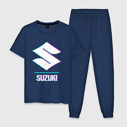 Пижама хлопковая мужская Значок Suzuki в стиле glitch, цвет: тёмно-синий