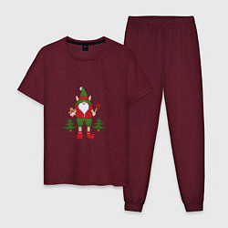 Пижама хлопковая мужская Новогодний гном Рождество, цвет: меланж-бордовый