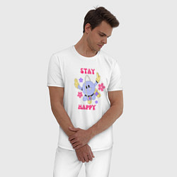 Пижама хлопковая мужская Stay happy, планета с ромашками, цвет: белый — фото 2
