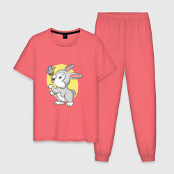 Пижама хлопковая мужская Кролик и бабочка, цвет: коралловый