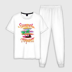 Пижама хлопковая мужская Пальмы на закате в тропиках, цвет: белый