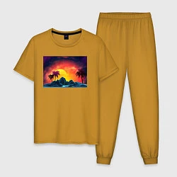 Пижама хлопковая мужская Пляж и пальмы абстрактный ретро дизайн, цвет: горчичный