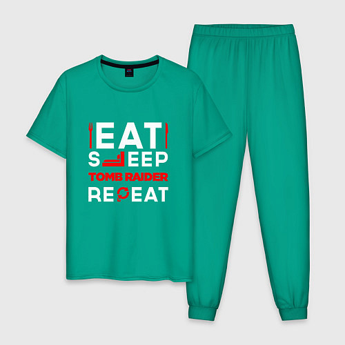 Мужская пижама Надпись eat sleep Tomb Raider repeat / Зеленый – фото 1