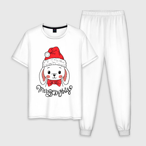 Мужская пижама Merry Christmas, cute rabbit in Santa hat / Белый – фото 1