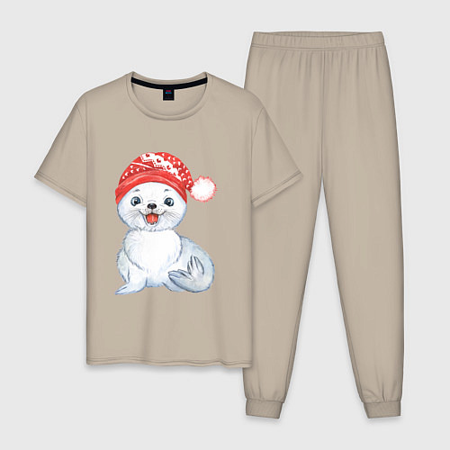 Мужская пижама Новогодний тюлень / Миндальный – фото 1