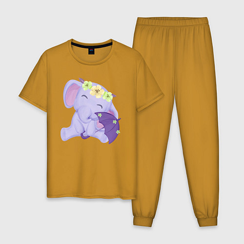 Мужская пижама Милый слонёнок с зонтиком / Горчичный – фото 1