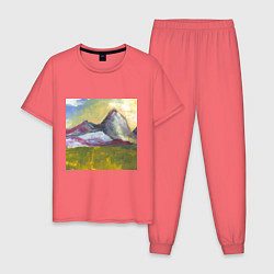 Пижама хлопковая мужская Арт Утро в горах, цвет: коралловый